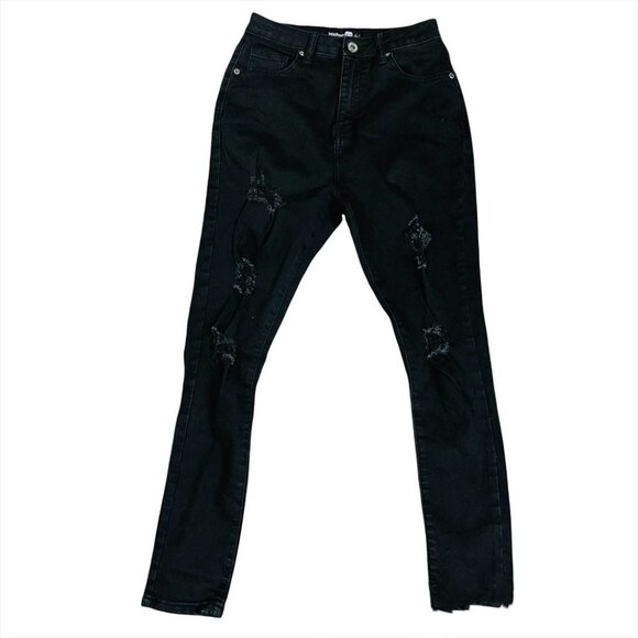 Boohoo Blue Black Jeans Distress High Waist Skinny Jeans Size 6 - Picture 1 of 12